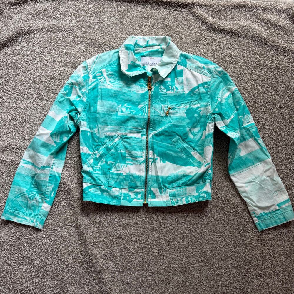 Vintage Bogner Cropped Jacket Women’s Small Turquoise Graphic Zip Cotton 90s